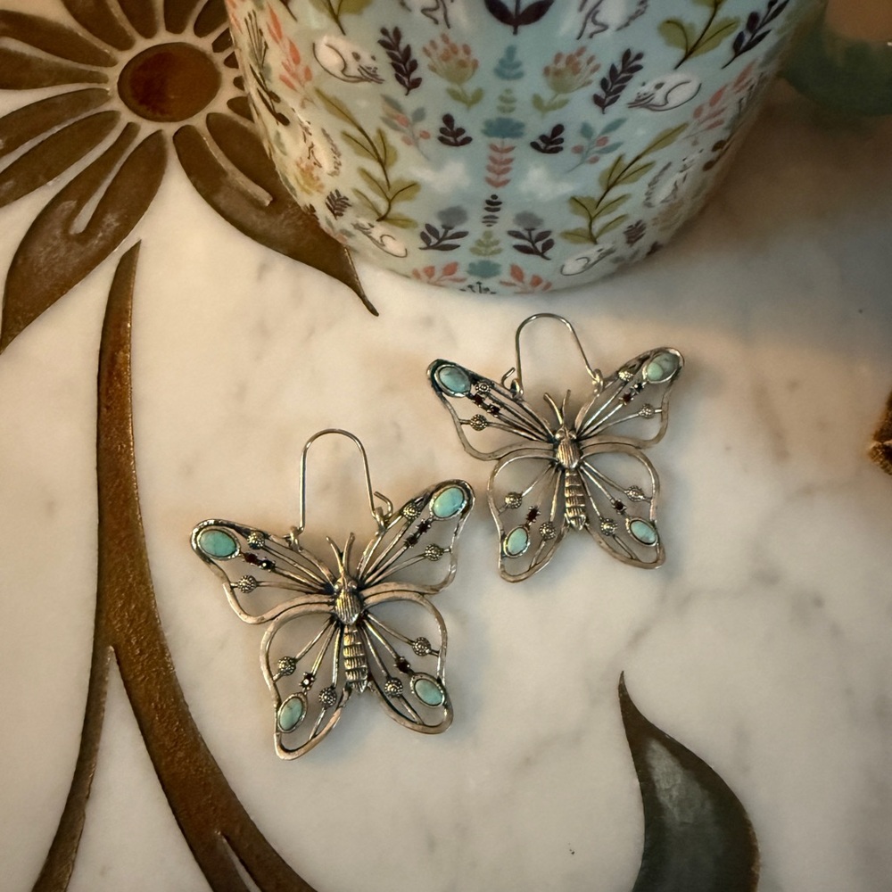 Lucky Brand Silver Butterfly Earrings with Turquoise Accents